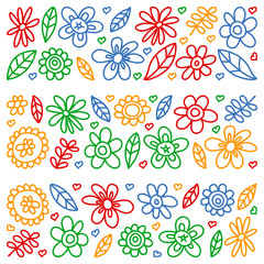 Vector set of child drawing flowers icons in doodle style. Painted, colorful, pictures on a piece of paper on white background.