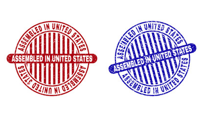 Grunge ASSEMBLED IN UNITED STATES round stamp seals isolated on a white background. Round seals with grunge texture in red and blue colors.