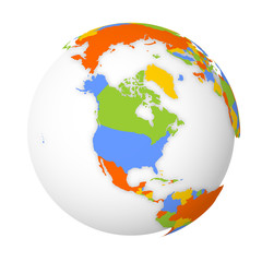 Blank political map of North America. Earth globe with colored map. Vector illustration