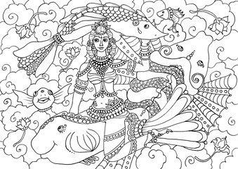 Kerala mural style girl in the lake with fish, adult coloring book page outline. Coloring book India, indian woman.