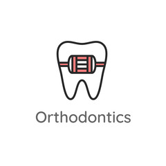 Orthodontics. Tooth with metal braces or bracket system. Dental icon or illustration.