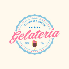 Vintage ice cream shop logo badge and label, gelateria sign. Retro logotype for cafeteria or bar.