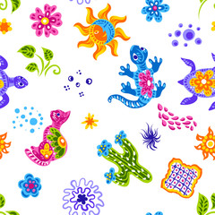 Mexican pattern with cute naive art items.