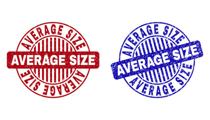 Grunge AVERAGE SIZE round stamps isolated on a white background. Round seals with grunge texture in red and blue colors. Vector rubber overlay of AVERAGE SIZE label inside circle form with stripes.