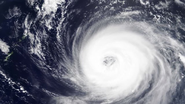 Typhoon spiral rotating satellite view on ocean sea. Contains public domain image by Nasa