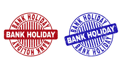 Grunge BANK HOLIDAY round stamp seals isolated on a white background. Round seals with grunge texture in red and blue colors.