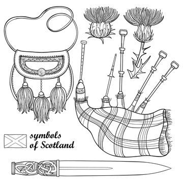 Set of outline Scottish symbols: long dagger or dirk, bagpipe, sporran and thistle flower in black isolated on white background. 