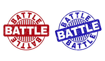 Grunge BATTLE round stamp seals isolated on a white background. Round seals with grunge texture in red and blue colors. Vector rubber imprint of BATTLE title inside circle form with stripes.