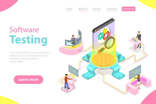 Isometric flat vector landing pate template of software quality assurance, SQA, product testing and debugging, programming and coding.