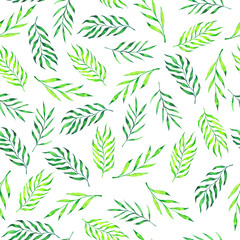 Fototapeta na wymiar Seamless pattern with fresh green palm leaves on white background. Hand drawn watercolor illustration. 