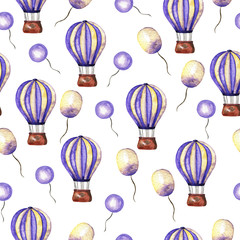 Seamless pattern with pastel lilac air balloons on white background. Hand drawn watercolor illustration. 