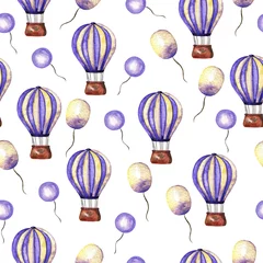 Papier peint adhésif Animaux avec ballon Modèle sans couture avec des ballons à air lilas pastel sur fond blanc. Illustration aquarelle dessinée à la main.