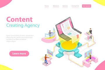 Flat isometric vector landing pate template of content creating, copywriting, creative writing, content marketing.