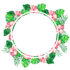 Tropic pink hibiscus flowers and palm and monstera leaves frame isolated on white background. Hand drawn watercolor illustration.