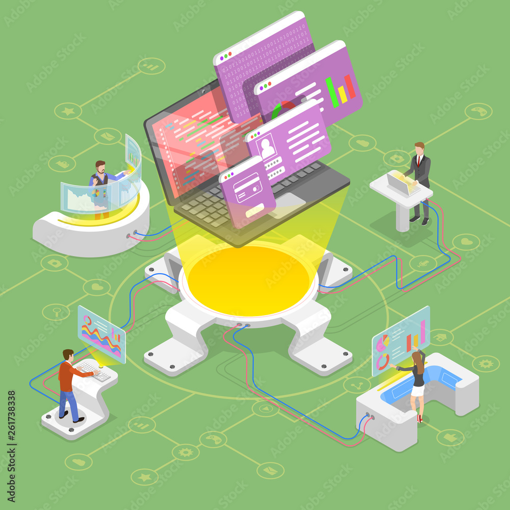 Wall mural flat isometric vector concept of software development, teamwork, brainstorm, coding