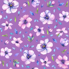 Seamless pattern with watercolor pink flowers and blue leaves on purple background.