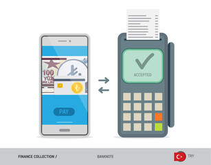 POS Terminal with 100 Turkish Lira Banknote. Flat style vector illustration. Finance concept.