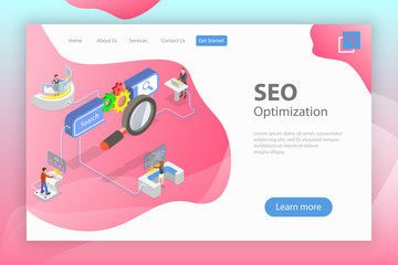 Flat isometric vector landing page template of search engine ranking, web analytics, SEO, website optimization marketing.