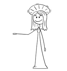 Cartoon stick figure drawing conceptual illustration of holy woman with halo around head is offering, showing or pointing at something.