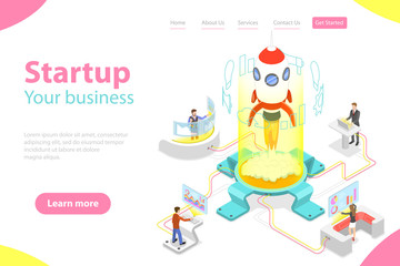 Flat isometric vector landing page template of new business startup, project launch.