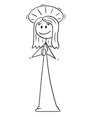 Cartoon stick figure drawing conceptual illustration of holy woman with halo around head praying with her hands.