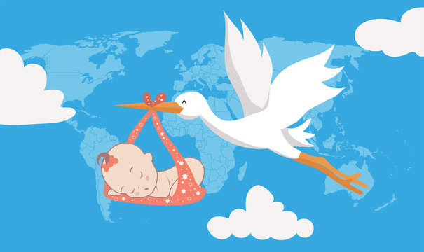 Cartoon pictures stork flying with baby at sky world map on blue background. Can be used for printing, website, presentation element, textile. Vector illustration.