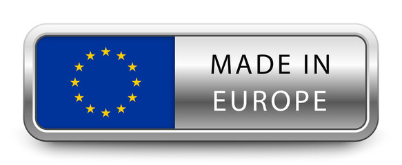 MADE IN EUROPE metallic badge with national flag isolated on white background