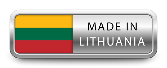 MADE IN LITHUANIA metallic badge with national flag isolated on white background