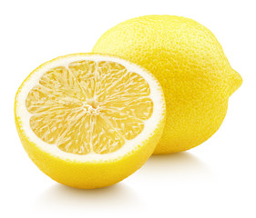 Ripe full yellow lemon citrus fruit with lemon half isolated on white background with clipping path. Full depth of field. - obrazy, fototapety, plakaty
