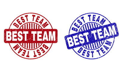Grunge BEST TEAM round stamp seals isolated on a white background. Round seals with grunge texture in red and blue colors. Vector rubber imitation of BEST TEAM text inside circle form with stripes.