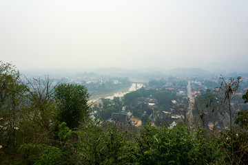 LUANG PRABANG LAOS APRIL 14.2019 : view from Mount Phou Si, Phu Si, High hill in the centre of the old town of Luang Prabang in Laos