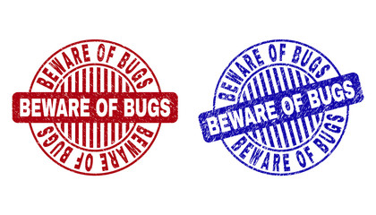 Grunge BEWARE OF BUGS round stamp seals isolated on a white background. Round seals with grunge texture in red and blue colors.