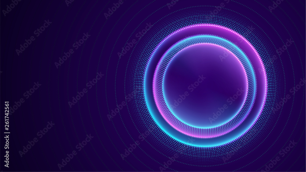 Wall mural neon circle with dots light effect on black background. modern round frame with empty space for text