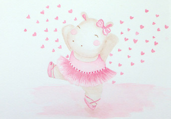 Baby Hippo Ballerina in Pink Tutu Skirt Dancing Hearts Watercolor