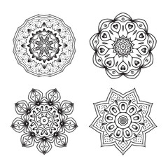 Set of Ethnic Fractal Mandala Vector Tattoo Design looks like Snowflake or Maya Aztec Pattern or Flower.