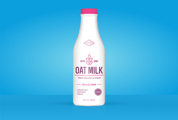 Oat Milk Oatmeal Bottle with Colorful Background. Healthy Organic Product. Vector Illustration. Advertising Template. Print.
