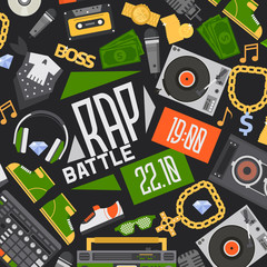 Rap music vector seamless pattern dj playing disco on turntable sound record illustration backdrop of rap cap discjockey headphones money player playback in nightclub background