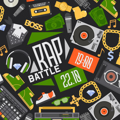 Obraz premium Rap music vector seamless pattern dj playing disco on turntable sound record illustration backdrop of rap cap discjockey headphones money player playback in nightclub background