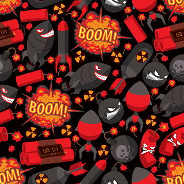 Bomb explosion seamless pattern vector weapon danger destruction boom illustration explosive backdrop of rocket character dynamite background