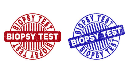 Grunge BIOPSY TEST round stamp seals isolated on a white background. Round seals with grunge texture in red and blue colors.