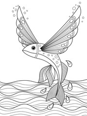 Sea doodle coloring book page flying fish