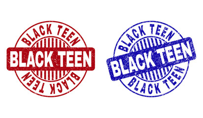 Grunge BLACK TEEN round stamp seals isolated on a white background. Round seals with grunge texture in red and blue colors. Vector rubber imitation of BLACK TEEN label inside circle form with stripes.