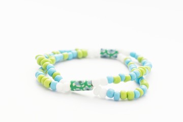 Glass Beads Bracelet on White Background, Isolated Beads Bracelet on White Background, Glass Beads...