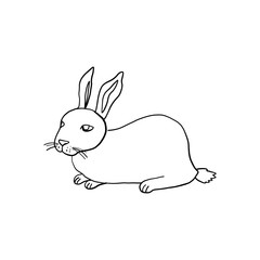 Hand drawn vintage of Happy Easter symbol, vector ink sketch illustration isolated on white, Cute rabbit line art cartoon hare, cub bunny farm animal, Character design for baby shower, greeting card