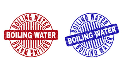 Grunge BOILING WATER round stamp seals isolated on a white background. Round seals with distress texture in red and blue colors.