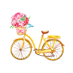 Fototapeta na wymiar Watercolor yellow bicycle with basket, isolated on white background. Spring illustration with hand painted bike and pink flowers. For greeting cards design, logo, banners, textile, invitations.