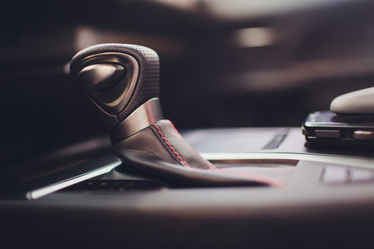 Modern Car Interior, Gearstick Close Up Photo.