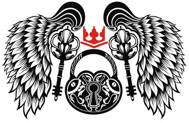 Tattoo illustration with key,wing and hand lock