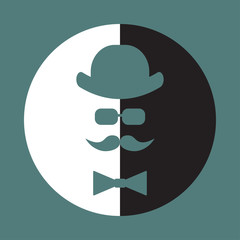  Black white silhouette of a man. An element for a postcard. Hat, glasses, mustache. Vector illustration.