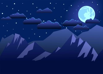 Night mountains illuminated by the moon, the night sky clouds and stars. In blue tones. Flat style. Vector illustration.